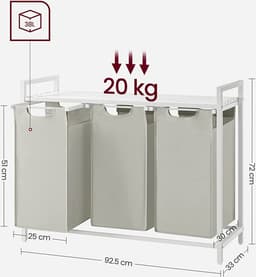 Wasmand Met 3 Vakken, Uittrekbaar Wassorteerder, Afneembaar Waszak, 3 X 38L, 92,5 X 33 X 72 Cm, Wit — thumbnail 2