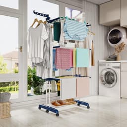 Droogrek - Wasrek - Wastoren - Droogtoren - op Wielen - 3-Tier - Inklapbare Vleugels - Antislip Stangen - voor Binnen en Buiten - Grote Gezinnen - Uitschuifbaar - Lengte 66-130cm - 73x13.5x22.5cm - Blauw en Wit — thumbnail 2