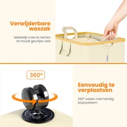 Posity Wasmand op Wielen – 100 Liter – Opvouwbaar – Met Deksel & Handvaten – Wasmand Stof - Bamboe - Laundry Basket - Incl. Waszak - Beige — thumbnail 5