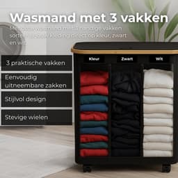 AKSA Home® Wasmand met Wieltjes - Wassorteerder met 3 vakken - Wasmand Opvouwbaar met Deksel - 160L - Zwart — thumbnail 2