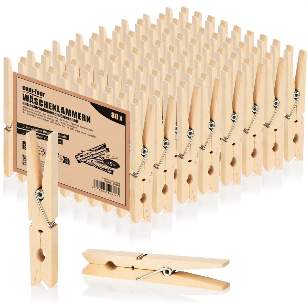 Duurzame XL Wasknijpers van Berkenhout - Natuurlijke en Milieuvriendelijke Houten Klemmen voor Kleding (80 Stuks) — afbeelding 1