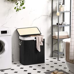 Bamboe Wasmand, 100 L Wasbak, Wasmand Met 2 Compartimenten, Wassorteerder Met Deksel En Verwijderbare Waszak, Katoenen Handgrepen, Zwart — thumbnail 3
