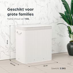 Organess wasmand 3 vakken - Wassorteerder - Wasmand met deksel - Opvouwbaar - 150L - Witte bamboe — thumbnail 5
