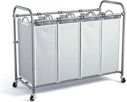 Aurixi® Wassorteerder 4 vakken - Wasmand 4 vakken - Wasmand Op Wieltjes – Grijs - 100cm x 43cm x 80cm