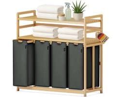 Nexvo® Wasmand 4 Vakken - Wassorteerder - Wasmand - Bamboe Frame - Donkergrijs - 103cm x 42cm x 101cm