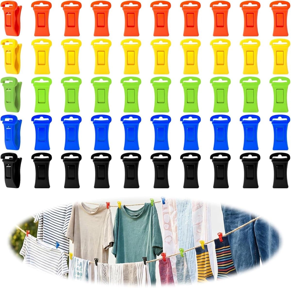 50 stuks - Was- en sokkenclips - Antislip kledingclips - Waslijnclips - Haken - Gekleurde clips - 5 kleuren - Zwart, rood, geel, blauw, groen - 2,8 cm - Gemakkelijk te organiseren - Tijdsbesparend — afbeelding 1