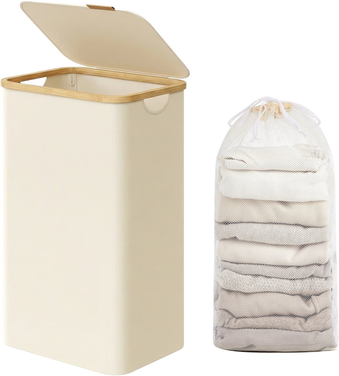 SONGMICS - Wasmand - Wasmand met Deksel - Verwijderbare Waszak - Opvouwbaar met Bamboe Handvatten — afbeelding 1