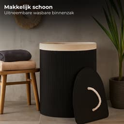 Lomera Bamboe Wasmand - Hoek Model - 72 Liter Capaciteit - Zwart - Opvouwbaar - Wasmand Met Deksel - Afneembaar Deksel - Verstevigde Metalen Ring - Uitneembare Waszak - Wasbare Binnenzak - Polyester Katoen Viscose — thumbnail 5