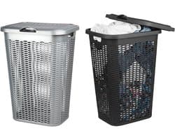 Wasmand Ventilation - met deksel - 2x stuks - zwart en zilver - 50 liter - 61 x 43 cm