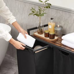 Wasmand 2 Vakken – Wassorteerder 76L – Uitschuifbare Wasmand met Plank – Zwart Metaal & Bruin Hout – 92,5 x 33 x 71 cm — thumbnail 2