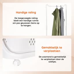 Eleganca Wasmand met ophangrek - H174 x B44 x D33 cm - Wasbox organizer – Wassorteerder met 2 vakken – Kunststof/Metaal – Wit — thumbnail 3