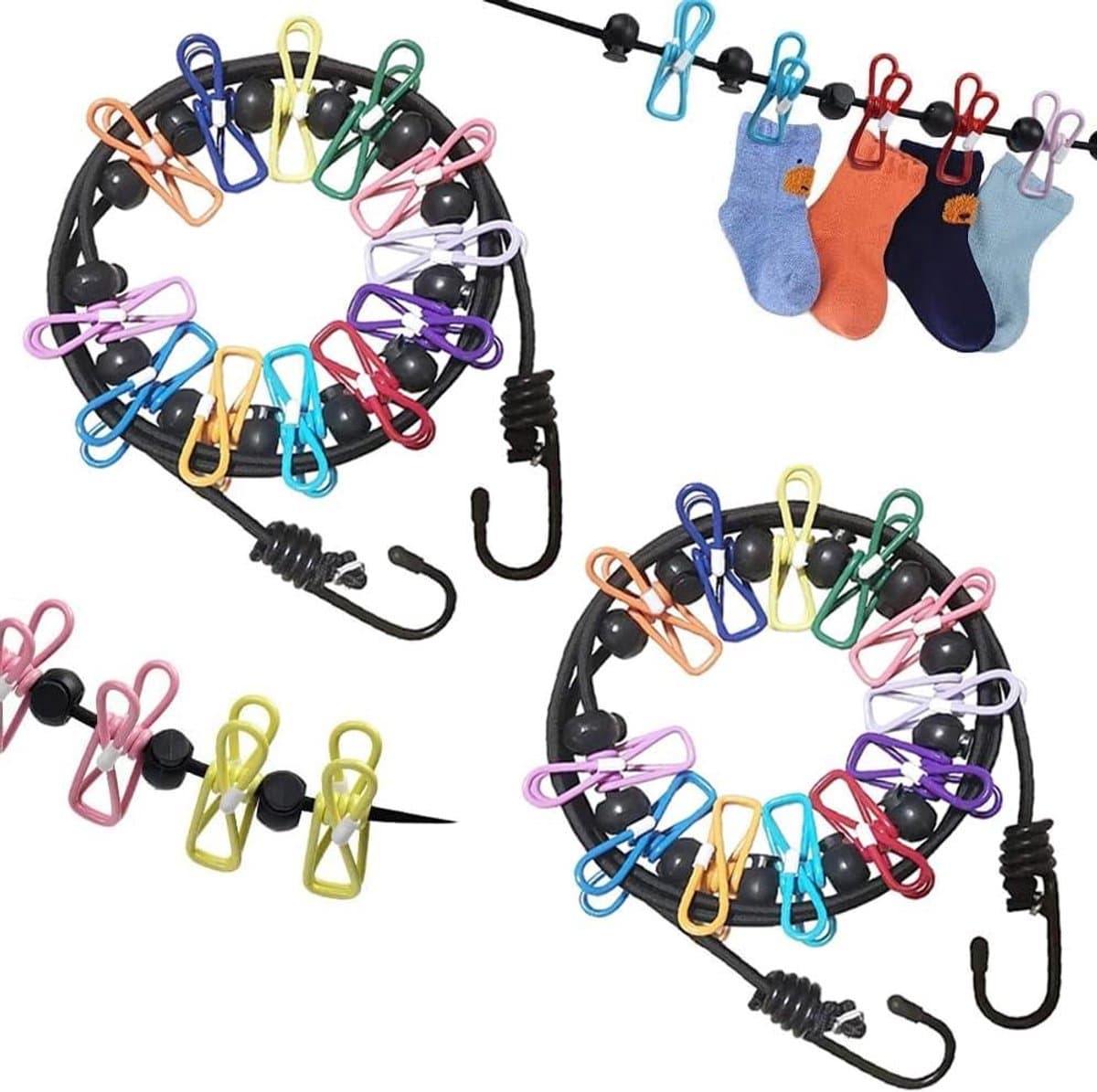 Verstelbare Draagbare Waslijn 2-Pack met 12 Kleurrijke Clips - Elastisch en Intrekbaar — afbeelding 1
