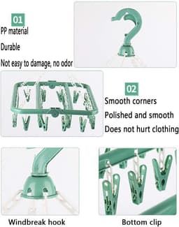 Sock Drying Rack 2PCS Clips Plastic 32 Peg Foldable Indoor Dryer Wind-proof Clothes Hanger Hanging for Socks Underwear Shoe Insoles Baby Clothes Gloves (PinkGreen) — thumbnail 2