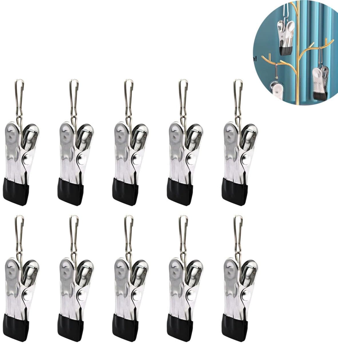 Roestvrij Stalen Washaken - kledinghaak RVS haak Met gesp - reisdraagkleding - Washaken Clip- Drooghaak voor kleding - Antislip Kledinghangers - Washaken met klemmen - kleerhangers voor sokken - Veelzijdig - 10 stuks - zilver — afbeelding 1