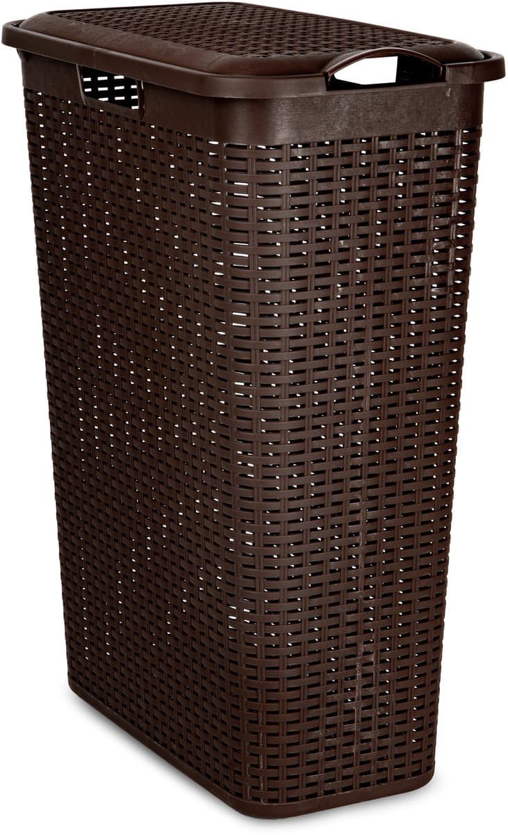 Plasticforte Smalle Wasmand met deksel Rotan - donkerbruin - gevlochten kunststof - 48 liter - 27 x 46 x 60 cm — afbeelding 1
