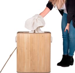 Springos Wasmand | 150 Liter | 3 Vakken | Bruin | Bamboe — thumbnail 3