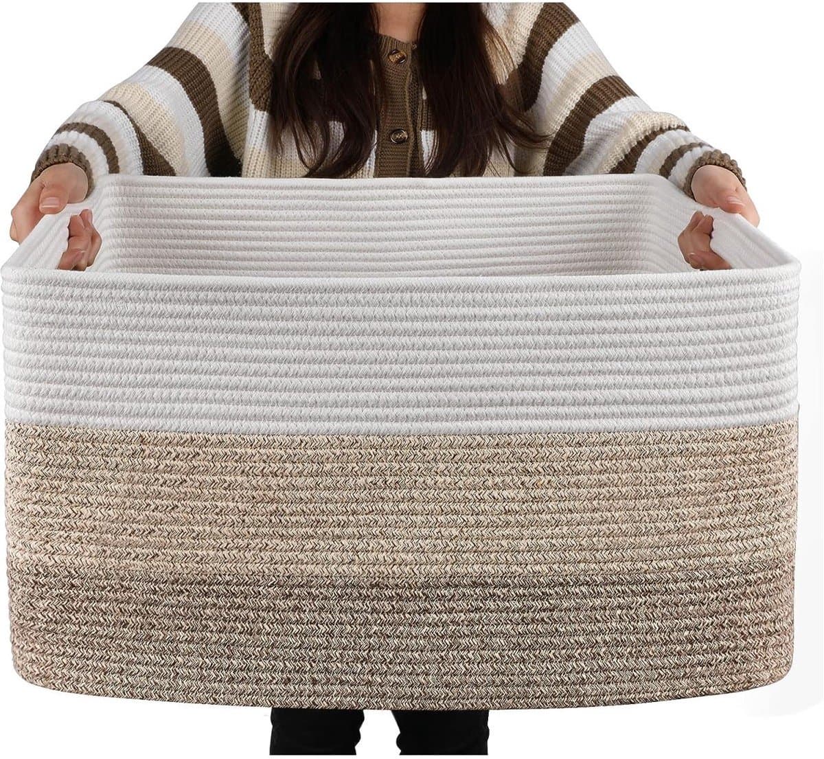 Extra grote mand van katoenen touw - Rechthoekige gevlochten manden - Opbergmand voor dekentjes in de kinderkamer of woonkamer - Speelgoedmand met handvat - 55 x 43 x 30 cm - Kaki — afbeelding 1