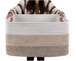 Extra grote mand van katoenen touw - Rechthoekige gevlochten manden - Opbergmand voor dekentjes in de kinderkamer of woonkamer - Speelgoedmand met handvat - 55 x 43 x 30 cm - Kaki — afbeelding 1