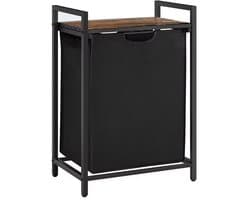 Wasmand 65L met Houten Bovenblad – Metalen Frame – Uitneembare Waszak – Waterafstotend – Compact Wasrek – 50×33×72 cm – Zwart