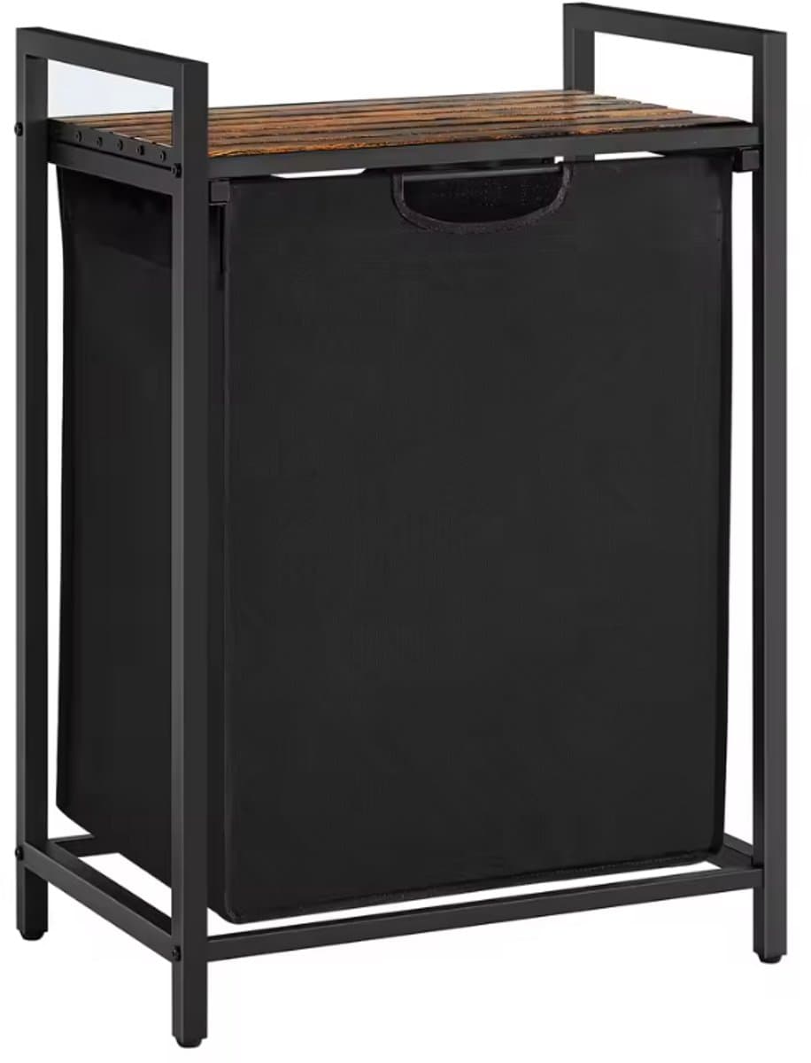Wasmand 65L met Houten Bovenblad – Metalen Frame – Uitneembare Waszak – Waterafstotend – Compact Wasrek – 50×33×72 cm – Zwart — afbeelding 1