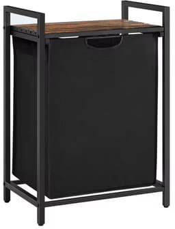 Wasmand 65L met Houten Bovenblad – Metalen Frame – Uitneembare Waszak – Waterafstotend – Compact Wasrek – 50×33×72 cm – Zwart — thumbnail 1