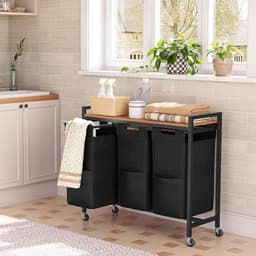 Wasmand 3 vakken, wasverzamelaar met plank, wasbox, waswagen met wieltjes, 3 x 39,8 l, waszak van Oxford-weefsel, vintage bruin-zwart — thumbnail 4