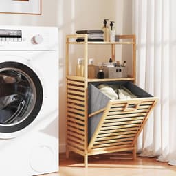 Wasmand met 2 planken van bamboe – Ruimtebesparende en duurzame wasverzamelaar voor badkamer — thumbnail 2