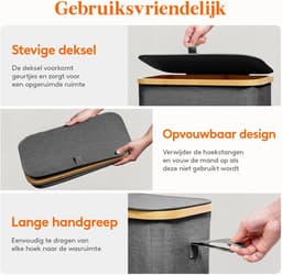 Slimme Smalle Wasmand 50L met Deksel en Handgrepen – Donkergrijs – Opvouwbare Waskorf met Uitneembare Binnenzak voor Kleine Ruimtes, Badkamer, Slaapkamer en Camper — thumbnail 5