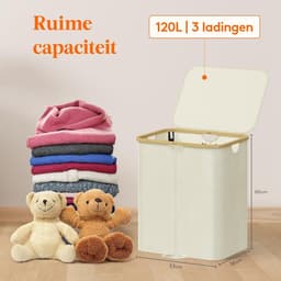 VVGoods - Grote Opvouwbare Wasmand met Deksel en Bamboe Handvatten, Uitneembare Waszak, 120 Liter - Voor Slaapkamer, Badkamer, Waskamer - Beige Kleur — thumbnail 2