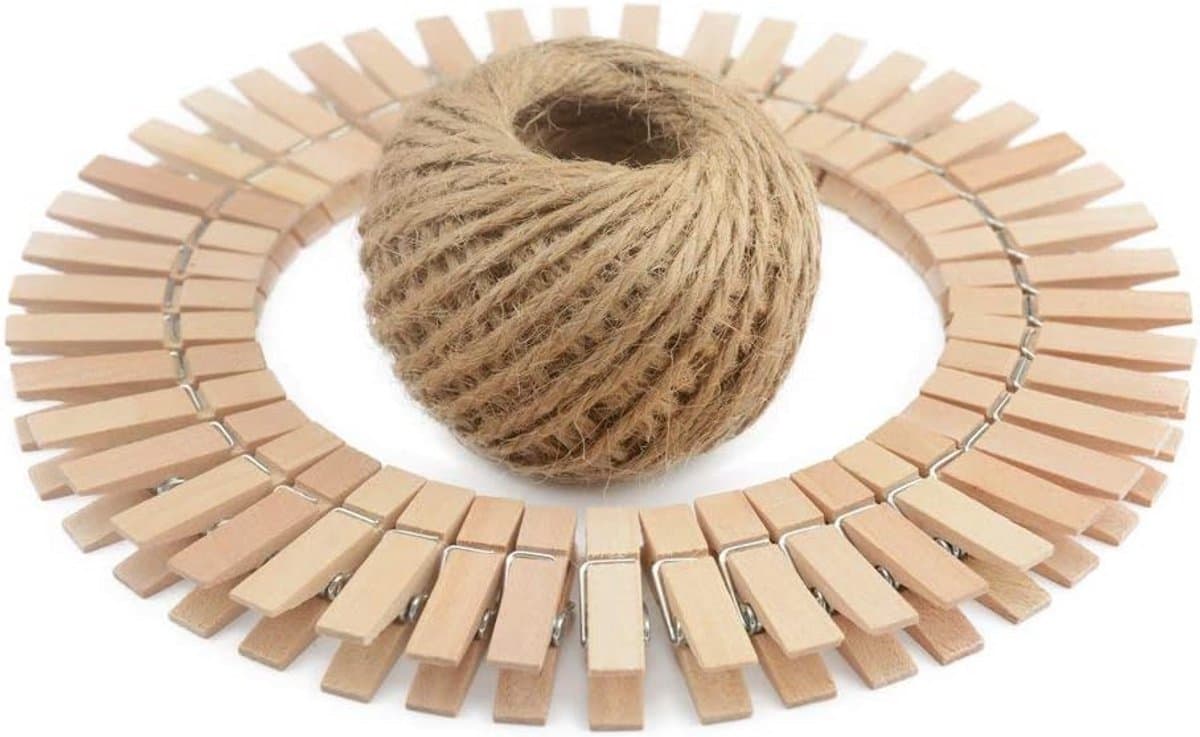 100 Houten Wasknijpers 3,5 cm met 30m Jute Touw - Natuurlijke Decoratie voor Fotolijnen en Interieur — afbeelding 1