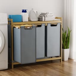 Xbro Wasmand 3 vakken – 125L/mand – Stoffen Wassorteerder met Bamboe houten frame – Met 3 zij-opbergvakken – 94 × 33 × 78 cm (B × D × H) — thumbnail 4