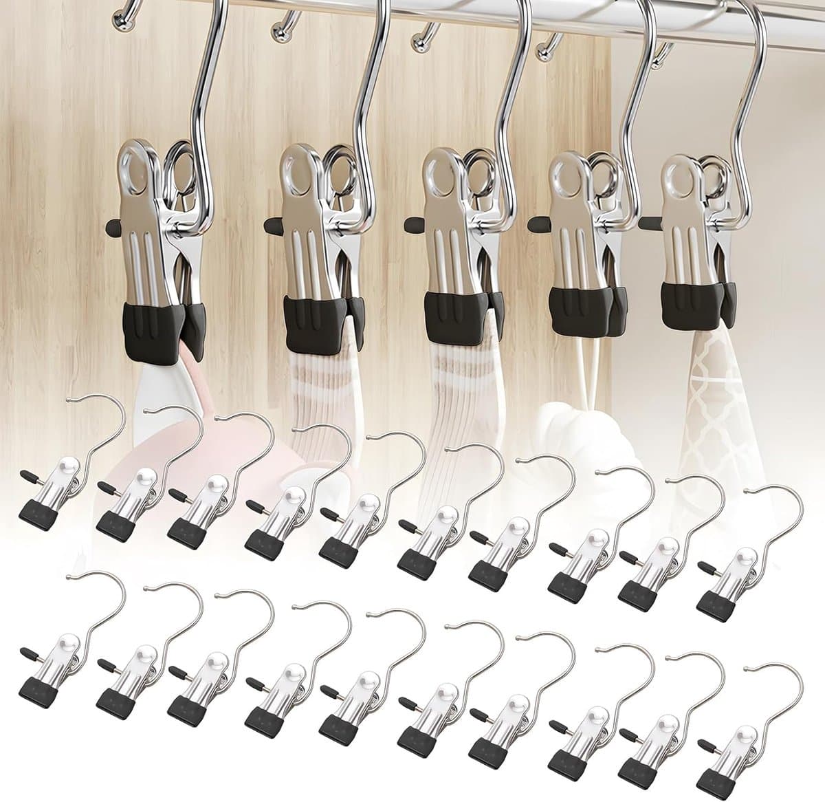20 metalen wasknijpers - broekclips - droogclips - sokkenclips - kledinghangers zonder resten - roestvrij staal - multifunctionele antislip wasknijpers - geschikt voor het ophangen van kleding, sokken, broeken en schoenen, zwart — afbeelding 1