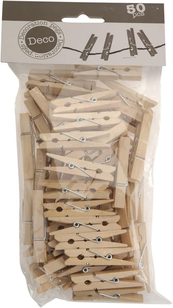 Houten Mini Wasknijpers 50 Stuks (50mm) - Decoratieve Klemmen voor Knutselen, Foto's en Cadeauverpakking — afbeelding 1