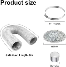 Aluminiumfolieslang 3m PVC 4-laagse buis, 150mm diameter, flexibel, slangklemmen en tape, drogers, afvoerventilatoren, afzuigkappen — thumbnail 3