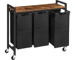 Wasmand 3 vakken, wasverzamelaar met plank, wasbox, waswagen met wieltjes, 3 x 39,8 l, waszak van Oxford-weefsel, vintage bruin-zwart