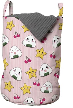ABAKUHAUS Anime-waszak, Japanse grappige voedselpatronen, wasmand met handvatten en trekkoordsluiting voor wasserettes, 33 cm breed x 49 cm hoog, veelkleurig — thumbnail 1