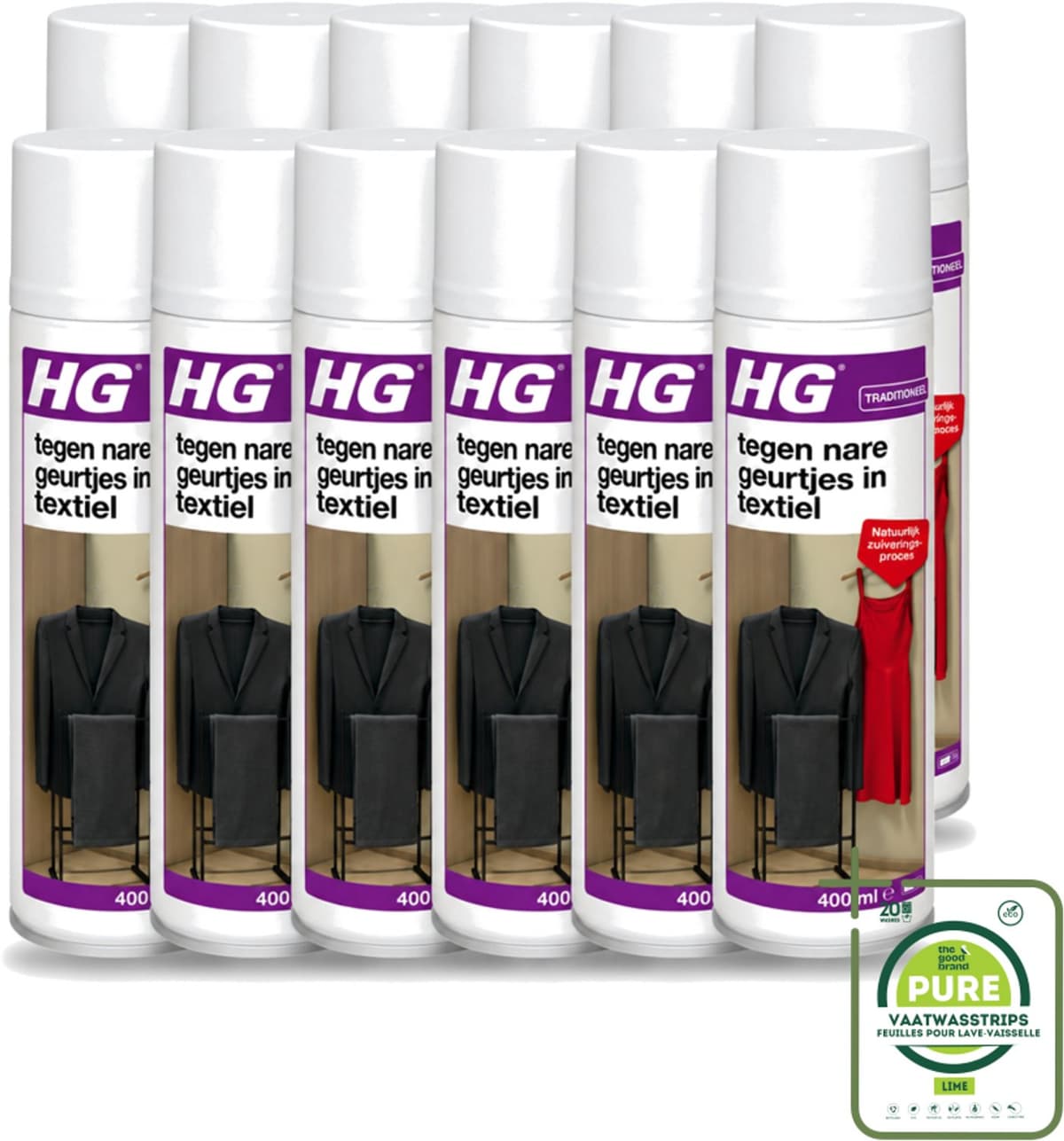 12 x HG - Tegen Nare Geurtjes In Textiel - Natuurlijk Zuiveringsproces - Veilig Voor Alle Textiel - 400 ml - Grootverpakking - Geurverwijdering Textiel - Stankmoleculen Oplossen - Textiel Reinigen - Geur In Kleding - Geur In Gordijnen — afbeelding 1