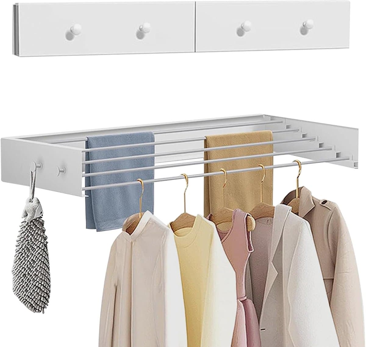 Wandgemonteerd droogrek Uitschuifbaar 60 cm Koolstofstalen wanddroger Uittrekbaar met 4 haken Ruimtebesparend ontwerp - ShopVlot — afbeelding 1