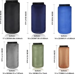 Set van 6 waterdichte droogtassen, combinatie van waterdichte tassen, lichtgewicht, 20 l, 15 l, 10 l, 8 l, 5 l, 3 l, verstelbare schouderriem voor kajakken, wandelen, kamperen, Donkere kleur, 20L, 15L — thumbnail 5