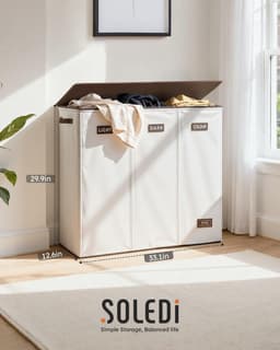 SnelShoppen - 200L Wasmand met Deksel - Wasverzamelaar 3 Vakken met 3 Waszakken - Grote XXXL Wassorteerder voor Badkamer, Slaapkamer, Wasruimte, Kinde — thumbnail 2