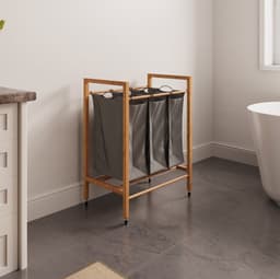 MIVRAY Wasmand – 90 Liter 3 Vakken Met Wielen – 83 x 60 x 40 cm – Bamboe – Houtskool En Naturel – Uitneembare Waszak — thumbnail 2