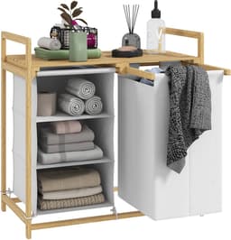 Wasmand met waszak-stoffen lade-bamboe-70x36x70 cm-wit/hout — thumbnail 1