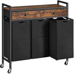 Home & Beyond® Wasmandkast met 3 Vakken en Lades - Wassorteerder op Wielen met Uitneembare Waszakken - Zwart en Vintage Houtlook - 84 x 30 x 96 cm — thumbnail 1