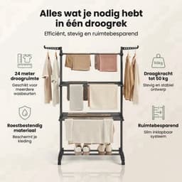 Droogrek Staand - Inklapbaar Wasrek met Wielen - Droogtoren 4 Lagen - 24 Meter Drooglengte - 50 kg Draagvermogen — thumbnail 2