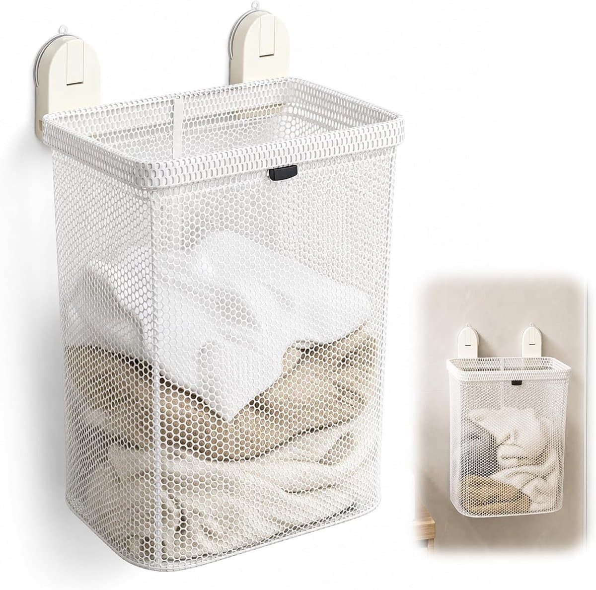 Wasmand om op te hangen, wasmand, zelfklevend, zonder boren, wandophanging met afneembare netzak, opvouwbare wasmand voor badkamer, kleine ruimtes — afbeelding 1