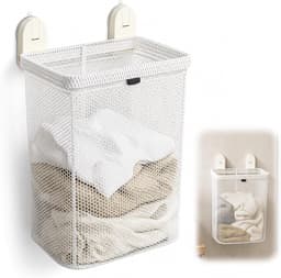 Wasmand om op te hangen, wasmand, zelfklevend, zonder boren, wandophanging met afneembare netzak, opvouwbare wasmand voor badkamer, kleine ruimtes — thumbnail 1