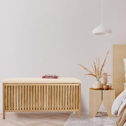 badkamer bankje met wasmand, 100 l, HBD 50x100x38 cm, hout en stof, badkamerkruk met opbergruimte, naturel/wit — thumbnail 4