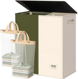 SnelShoppen - Wasmand 145 liter, wasverzamelaar met 2 vakken, deksel en 2 waszakken, groot XXXL, 2 x 72,5 l, groen + beige voor badkamer, slaapkamer, — thumbnail 1