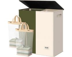 SnelShoppen - Wasmand 145 liter, wasverzamelaar met 2 vakken, deksel en 2 waszakken, groot XXXL, 2 x 72,5 l, groen + beige voor badkamer, slaapkamer,