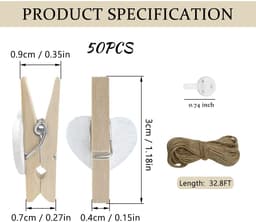 Houten klemmen, natuurlijk houten wasknijpers met 10 m jute koord, non-trace-hanghaak, decoratieve pennen voor bruiloftsfeest, fotohouder, kaartendecoratie en kunsthandwerk (50 stuks) — thumbnail 5